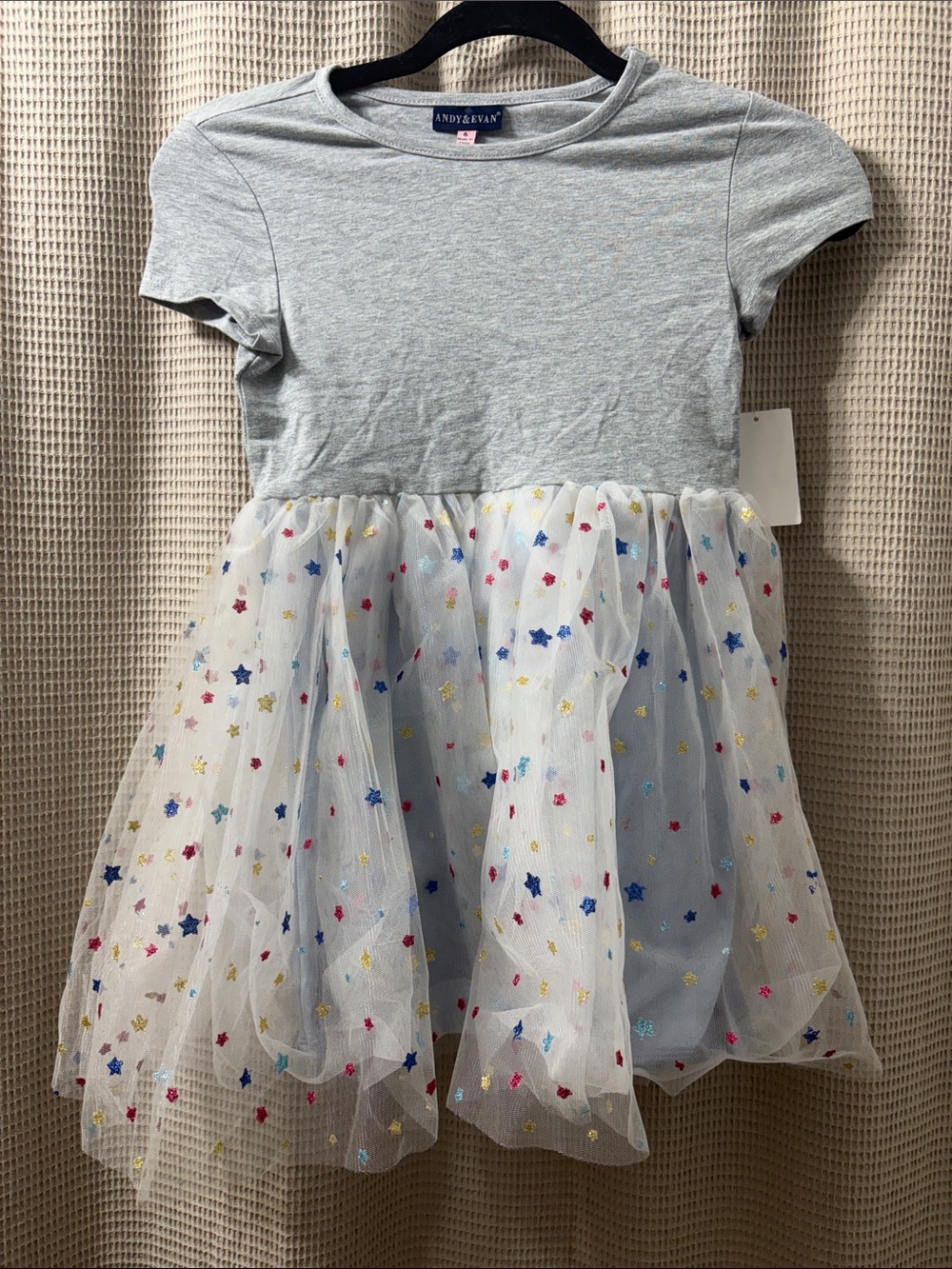 Andy & Evan Gray Tee with Multicolor Star Tulle Skirt dress